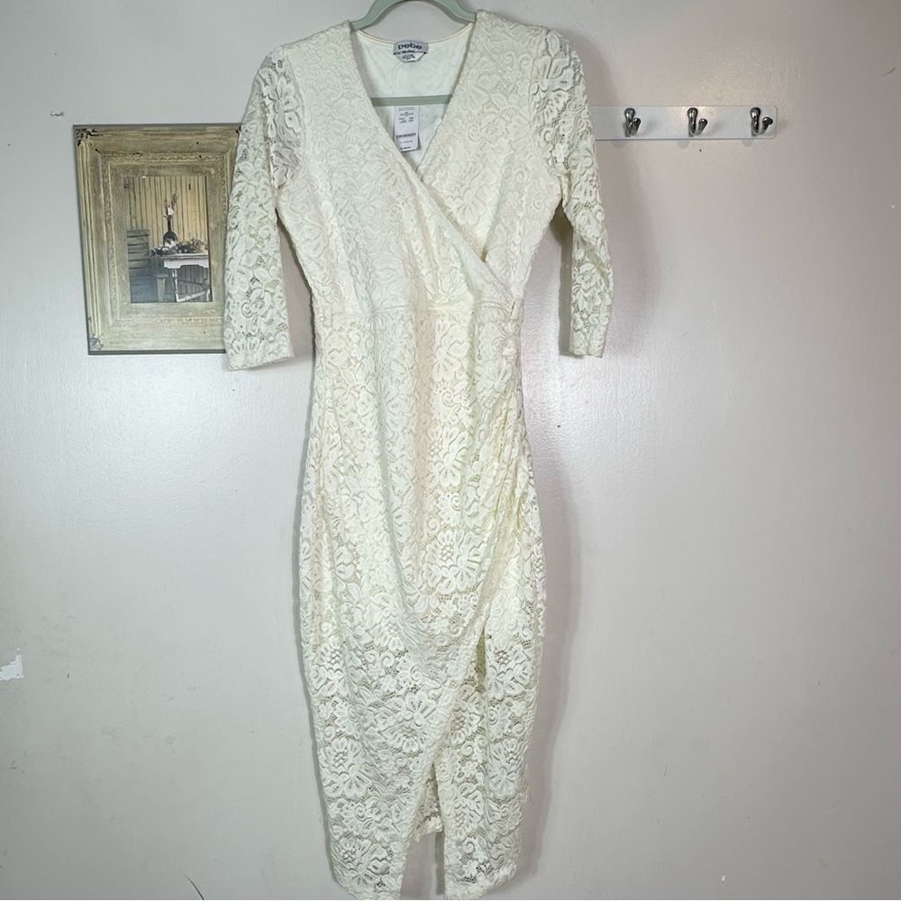 Bebe Cream Ruched Wrap Dress with V-Neck